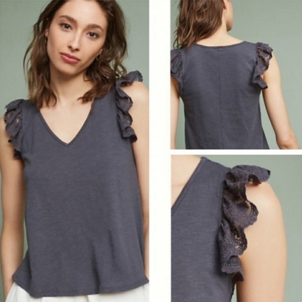Anthropologie Gray Lace Ruffle Tank